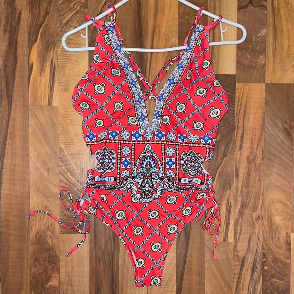 Red Patterned One-Piece Swimsuit